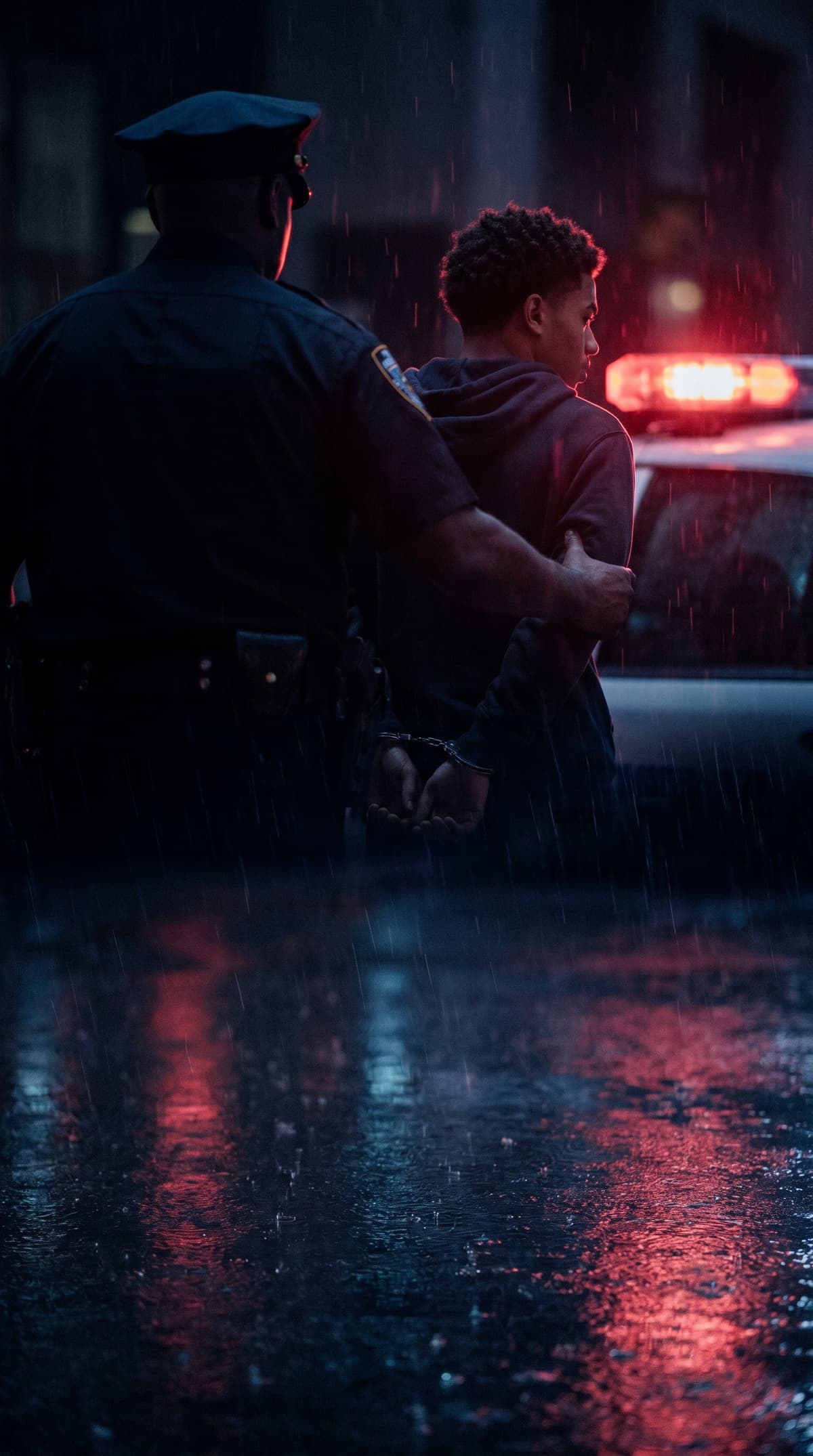 A police officer in a peaked cap escorts a young handcuffed man toward a police car with a glowing red and blue light bar on a rain-soaked city street at night